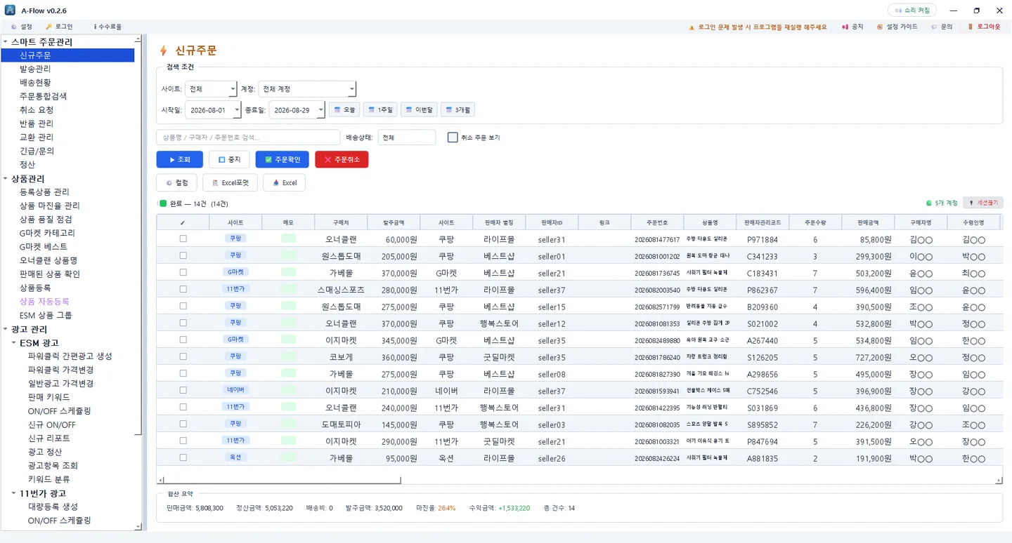 신규주문 화면 — 다섯 마켓의 새 주문을 한 표에서 확인